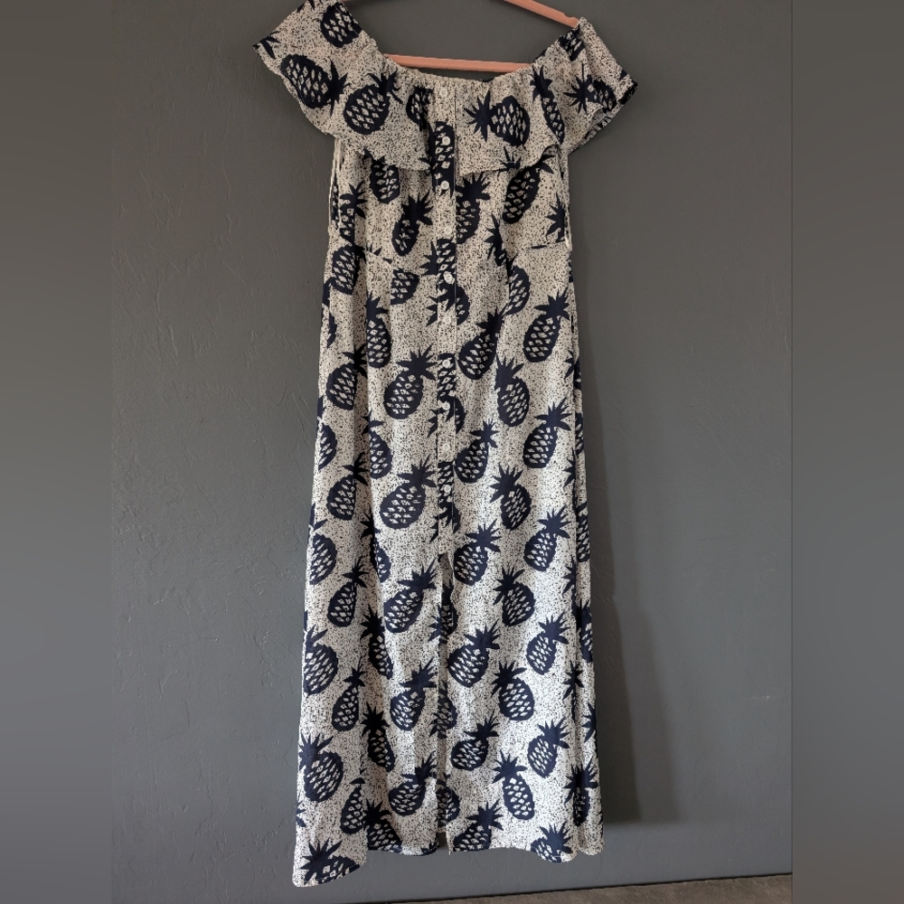 Lucca Navy And White Off The Shoulder Pineapple Midi Dress